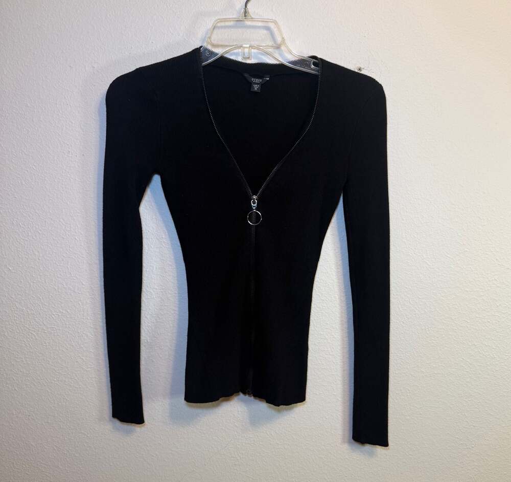 GUESS Los Angeles Black Ribbed Knit O-Ring Zip-Front Cardigan Y2K